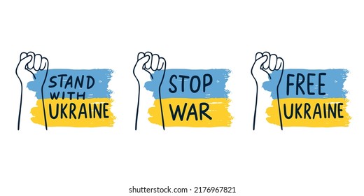 Signs of struggle against russian invasion. Stand with Ukraine, stop the war, and free Ukraine. Fist Power. Isolated set of vector elements on the blue and yellow background.