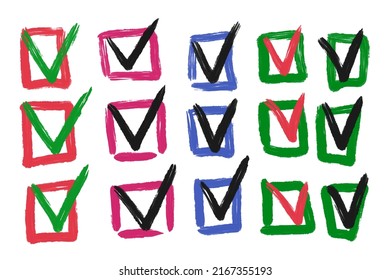 Signs and symbols, check marks in a square, choice, consent, drawn with a brush in doodle style, black, blue, green and pink color, elements for infographics