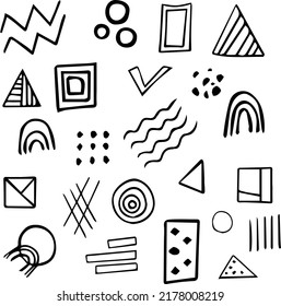 Señales y símbolos. Dibujar varios símbolos en formato vector. Hecho a mano. Liner. Esbozo. Punteros. Triángulo. Rectángulo. Geometría. Abstracción. Cifras geométricas.