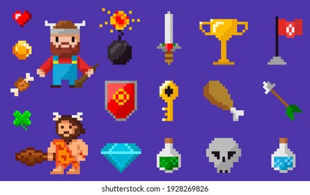 Signs and symbols of items collected during game, pixel-game characters caveman and viking with wooden baton against violet background. Pixel design with hero and pixelated awards, bonus objects