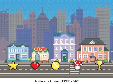 Signs and symbols of items collected during pixel-game against background of downtown landscape. City with long road along houses with pixelated coin star heart cup. Pixel 8 bit retro video game