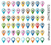 Signs, symbols, objects, locality, city, color, flat. Colorful, flat signs in the form of drops with a simple, uncluttered images of the city's attractions and public places. For a map. 