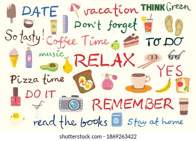 Signs and symbols for organized your diary Template for scrapbooking, wrapping, wedding invitation, notebooks, diary in the doodle style