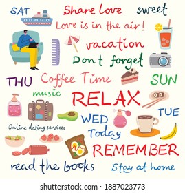 Signs and symbols for organized your diary. Template for scrapbooking, wrapping, wedding invitation, notebooks, diary in the flat style