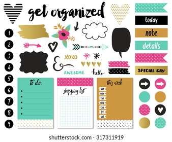 Signs and symbols for organized your planner. Template for scrapbooking, wrapping, wedding invitation, notebooks, diary. Weekly Planner.