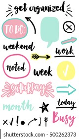 Signs and symbols for organized your planner. Template for stickers, scrapbooking, wrapping, wedding invitation, notebooks, diary. Weekly Planner.