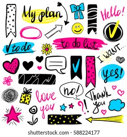 Signs and symbols for organized your planner. Vector template with hand drawn design elements for scrapbook or schedule, sticker, invitations or organize notebooks, diaries and cards.