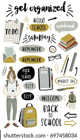 Signs and symbols for organized your planner. Back to school collection. Template for stickers, scrapbooking, wrapping, wedding invitation, notebooks, diary. Weekly Planner.