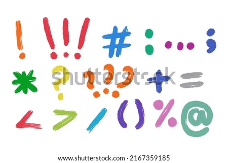 Signs and symbols, signs, punctuations, comma, question mark, exclamation mark, drawn with a brush in doodle style, different colors of color, elements for infographics