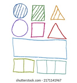 Signs and symbols, triangle, circle, square, rectangle, drawn in pencil, freehand, doodle style brush, different colors, elements for infographics