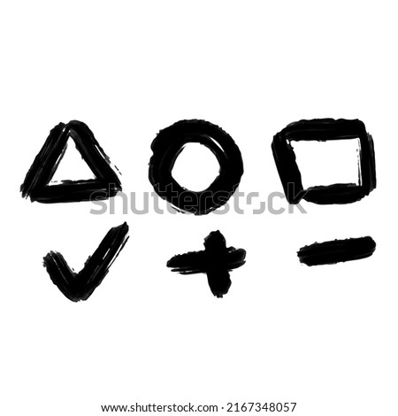 Signs and symbols, triangle, circle, square, check mark, plus and minus, drawn with a brush in doodle style, black color, elements for infographics