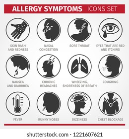 Signs and symptoms of allergies. Icons set. Vector signs