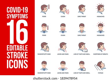 Signs and symptoms Coronavirus: fever, cough, headache, sore throat, aches and pains, loss of taste and smell, dyspnea single line icons isolated on white. outline symbols Covid. icons editable Stroke