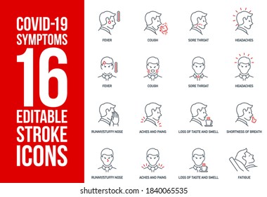 Signos y síntomas Coronavirus: fiebre, tos, dolor de cabeza, dolor de garganta, dolores y dolores, pérdida del gusto y del olfato, disnea iconos de una sola línea aislados en blanco. símbolos de esquema Covid. iconos de Stroke editable