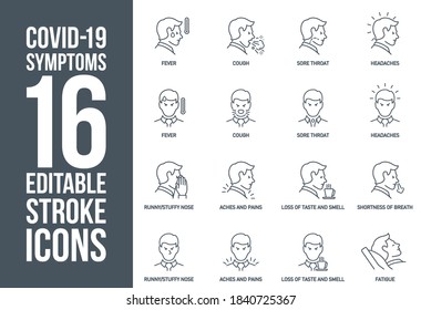 Signs and symptoms Coronavirus: fever, cough, headache, sore throat, aches and pains, loss of taste and smell, dyspnea single line icons isolated on white. outline symbols Covid. icons editable Stroke