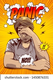 Signs and Symptoms of Stress in Men, Depression Anxiety, Bipolar, Panic Disoder, office syndrome, comic cover template background, speech bubbles, doodle art, vector illustration.
