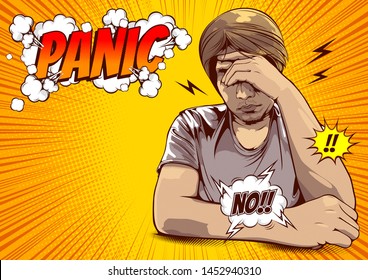 Signs and Symptoms of Stress in Men, Depression Anxiety, Bipolar, Panic Disoder, office syndrome, comic cover template background, speech bubbles, doodle art, vector illustration.