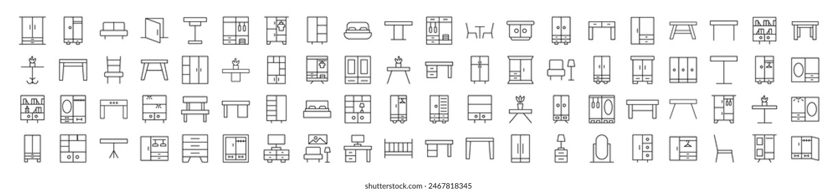 Signs of Tables and Closets for Shops and Stores. Suitable for books, stores, shops. Editable stroke in minimalistic outline style. Symbol for design 