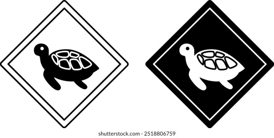 Sinais Tortoise Crossing. Sinal de Estrada Humorística, Adesivo. Ícones de vetor em preto-e-branco