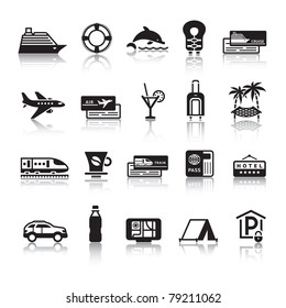 Signs. Tourism. Travel. Sports. First Set Black Icons With Reflection