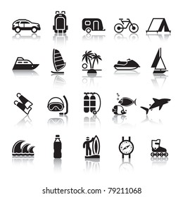 Signs. Tourism. Travel. Sports. Fourth set black icons with reflection