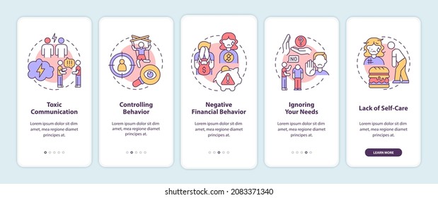 Signs of toxic relationships onboarding mobile app page screen. Controlling behavior walkthrough 5 steps graphic instructions with concepts. UI, UX, GUI vector template with linear color illustrations