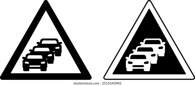 Sinaliza Engarrafamento. Sinalização Rodoviária Proibitiva. Acumulação de carros na estrada. Ícones de vetor em preto-e-branco