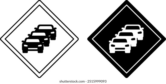 Signs Traffic Jam. Warning Diamond Road Signs. Car Congestion on the Road. Black and White Vector Icons