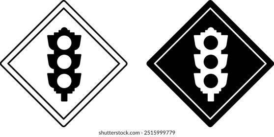 Signs Traffic Signals Ahead. Warning Diamond Road Signs. Black and White Vector Icons