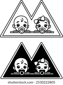 Señales de gemelos en el coche. Iconos de vector blanco y negro. Señal de advertencia humorística. Etiqueta engomada para el coche. Hay Pequeños niños en el transporte