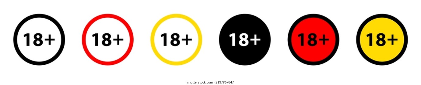 Signs of under 18 age not, over 18, 18 plus and, only adult. Only eighteen years old warning. Alcohol and content forbidden. Restriction, limit and prohibition logos. Alert of censored, x xx. Vector.