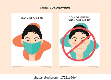 Signs to use required mask and not enter without mask to prevent contagion asian, oriental, chinese, japanese man