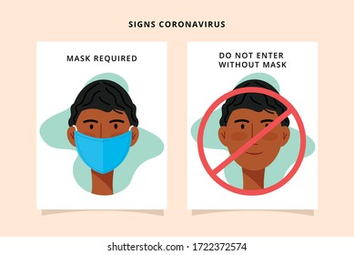 Signs to use required mask and not enter without mask to prevent contagion indian and young adult male 