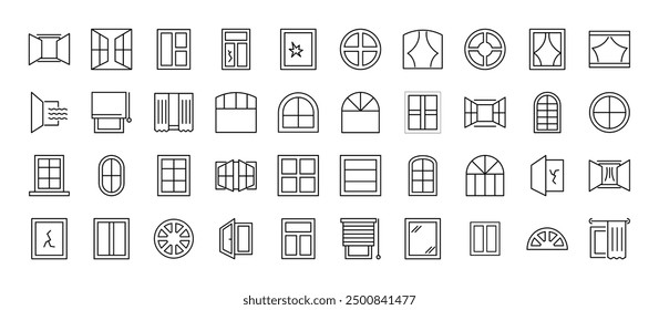 Signs of various windows as part of house for Shops and Stores. Suitable for books, stores, shops. Editable stroke in minimalistic outline style. Symbol for design