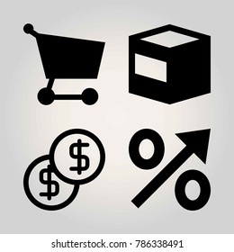 Signs vector icon set. percentage, package, coin and cart