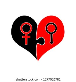 Signs of Venus And Mars Inside of Puzzle Heart. Symbols of Male And Female Beginning. Gender Interaction of Men and Women. Love, Relationship and Marriage, Family. Flat Illustration, Isolated. Vector.