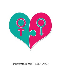 Signs of Venus And Mars Inside of Puzzle Heart. Symbols of Male And Female Beginning. Gender Interaction of Men and Women. Love, Relationship and Marriage, Family. Flat Illustration, Isolated. Vector.