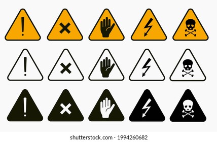 Signs warning of the danger - fire, high voltage, toxic, temperature. Caution Warning Sign Sticker. Editable vector stroke. Set of warning signs for attention and caution. Danger notice vector