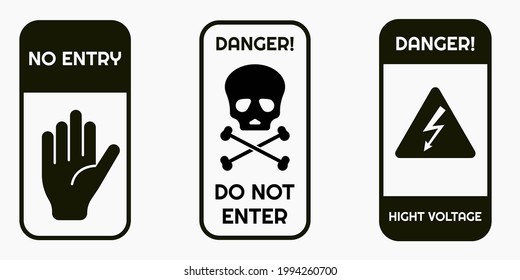 Signs warning of the danger - fire, high voltage, toxic, temperature. Caution Warning Sign Sticker. Editable vector stroke. Set of warning signs for attention and caution. Danger notice vector
