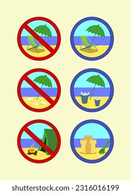 Signs of warning and prohibition to pollute the beach, put up a tent on the beach, relax. And vector signs of permission to rest