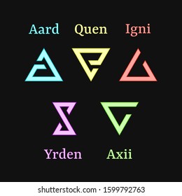 Signs of the witcher with inscriptions. Aarrd, Quen, Igni, Yrden, Axii. Colored vector illustration.