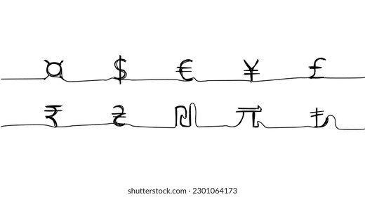 Signs of world currencies, dollar, euro, hryvnia, yuan, pound sterling, yen, shekel, Turkish lira one line art. Continuous line drawing of bank, money, finance, financial, savings, economic, wealth svg