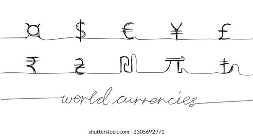 Signs of world currencies, dollar, euro, hryvnia, yuan, pound sterling, yen, shekel, Turkish lira one line art. Continuous line drawing of money, finance, with an inscription, lettering, handwritten.