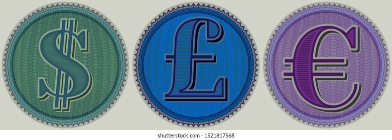 Signs of world currencies, dollar, pound and euro on the background of round guilloche patterns