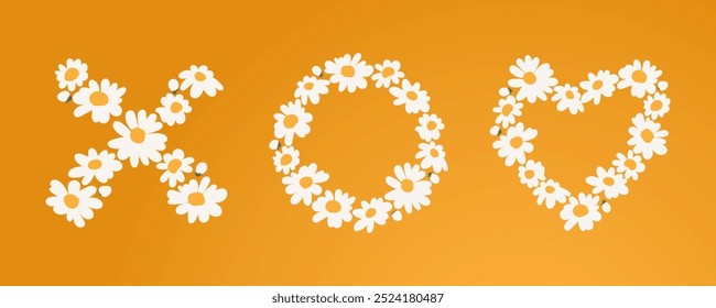 Zeichen xo und Herzen aus Kamillenblumen ausgelegt. Logos küssen Liebe von weißen Blumen auf hellem Hintergrund. Verwenden Sie, um Gefühle der Fürsorge, Interesse, Flirt Für Plakate, Grüße, Nachrichten auszudrücken