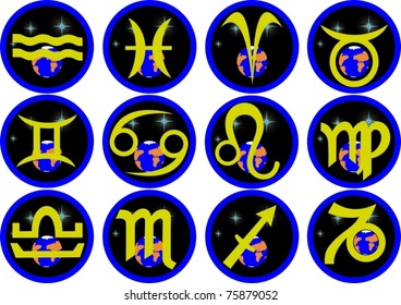 Signs of the Zodiac with an abstract image of the night sky
