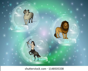 Signs of the zodiac against the starry sky. A set of zodiac constellations.