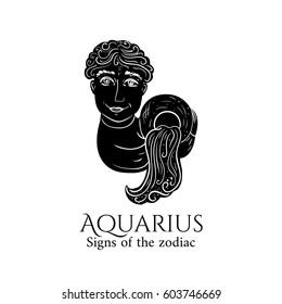 Signs of the zodiac. Aquarius hand draw. Black silhouette and white details. Vector illustration isolated on a white background.