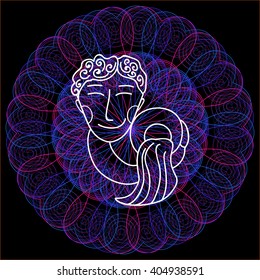 Signs of the zodiac. Aquarius. Isolated outline vector EPS10. Astrology.Bright glowing mandala in the background.