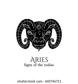 Signs of the zodiac. Aries hand draw. Black silhouette and white details. Vector illustration isolated on a white background.